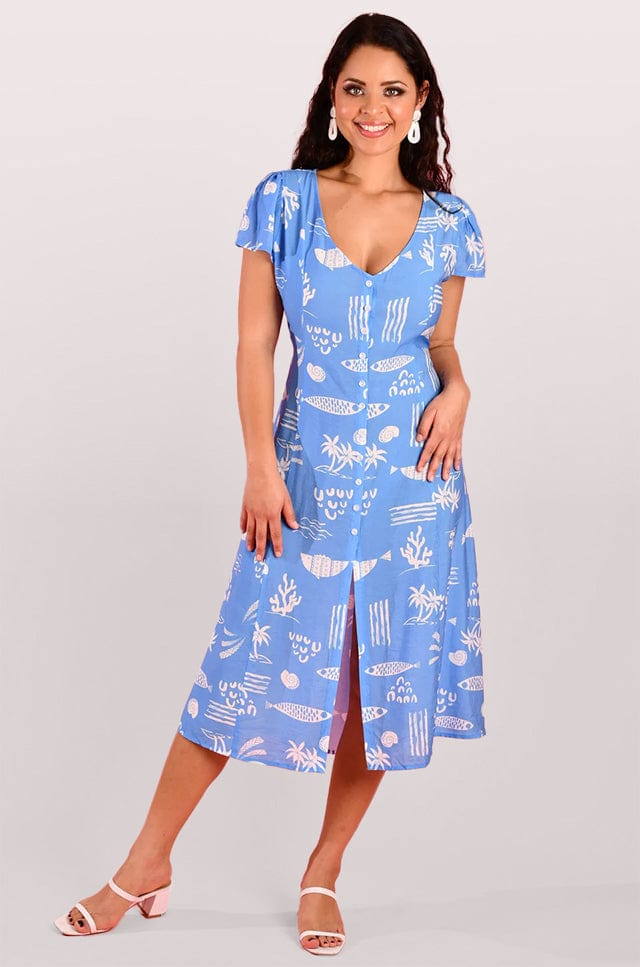 Under The Sea Blue Dress - Midi Button Up