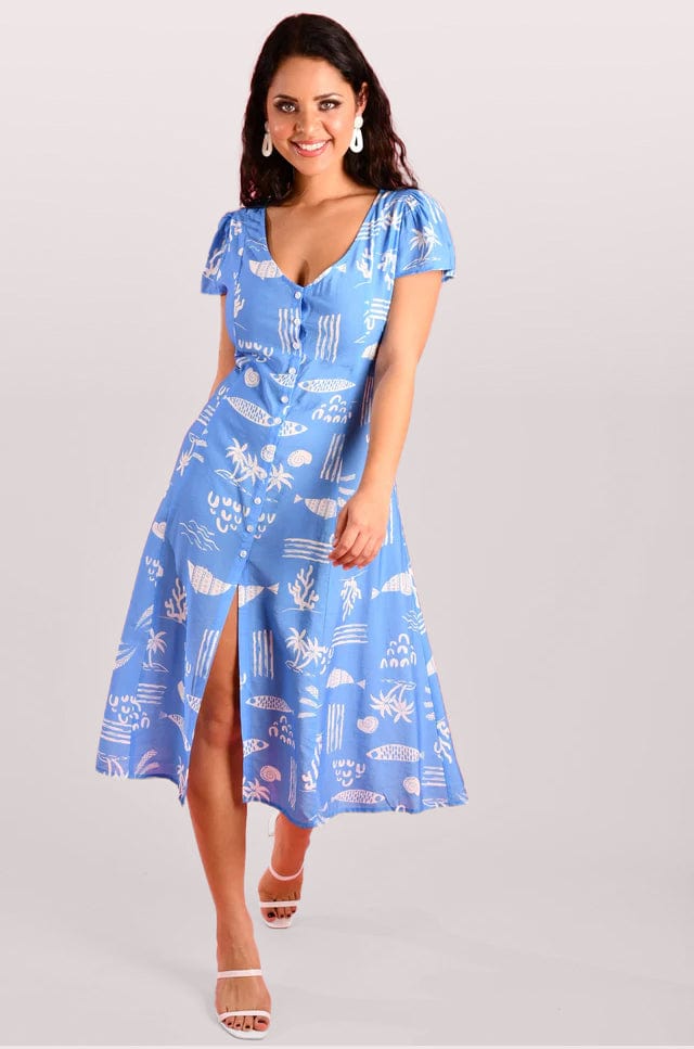 Under The Sea Blue Dress - Midi Button Up