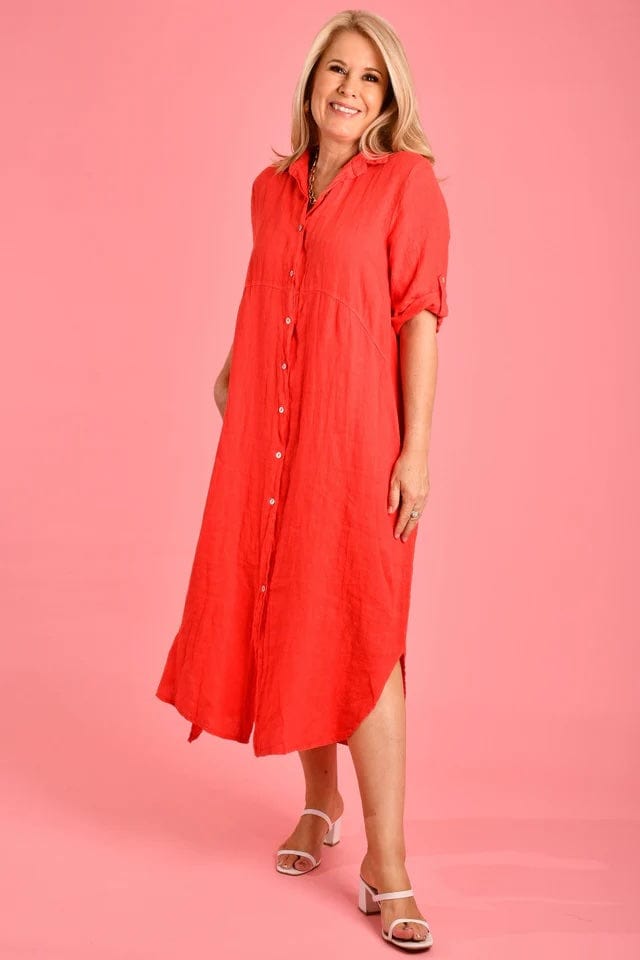 Positano Linen Button Dress - Watermelon