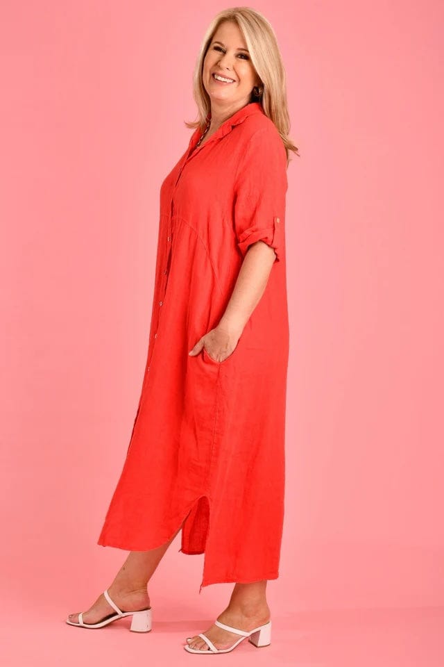 Positano Linen Button Dress - Watermelon