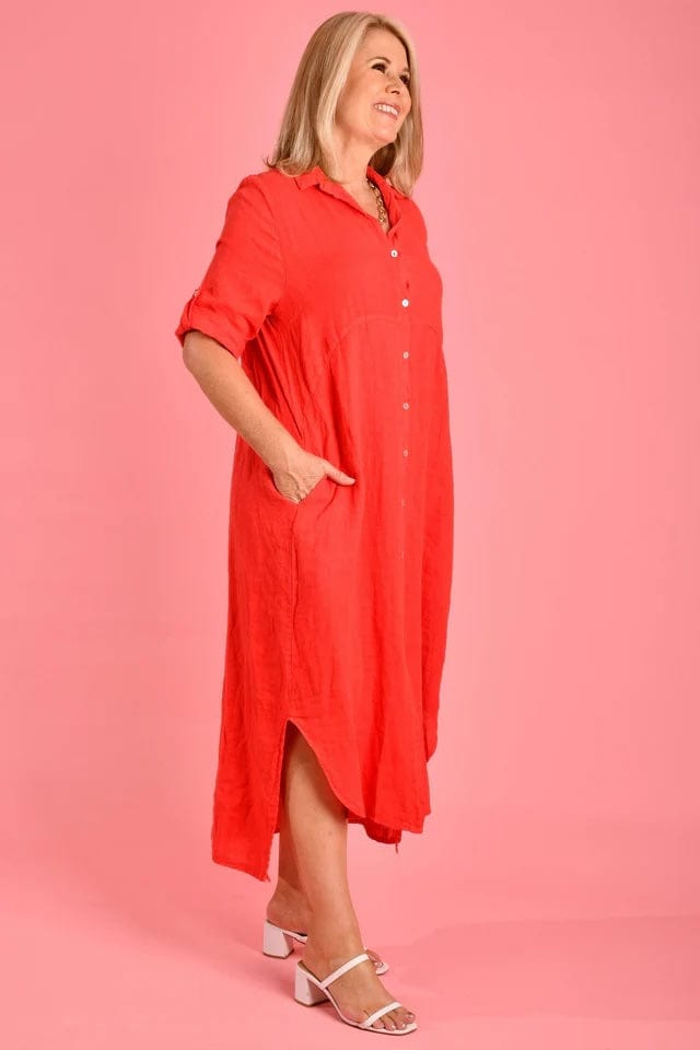 Positano Linen Button Dress - Watermelon