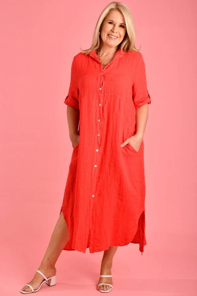 Positano Linen Button Dress - Watermelon