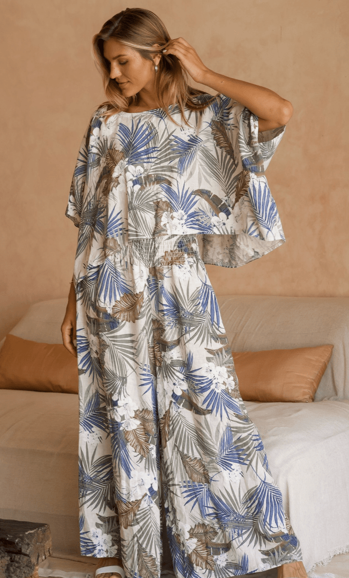 Amalfi Wide Leg Linen Pant - Natural Botanic Palm Print