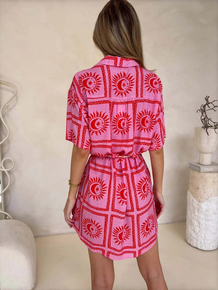 Sunburst Red Sally Dress - Shirt Style with Tie