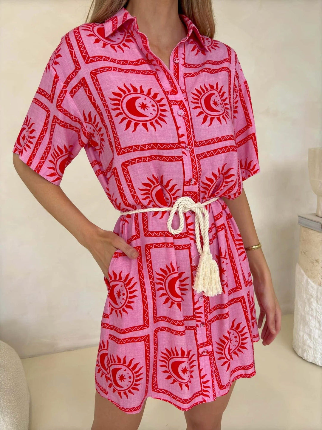 Sunburst Red Sally Dress - Shirt Style with Tie