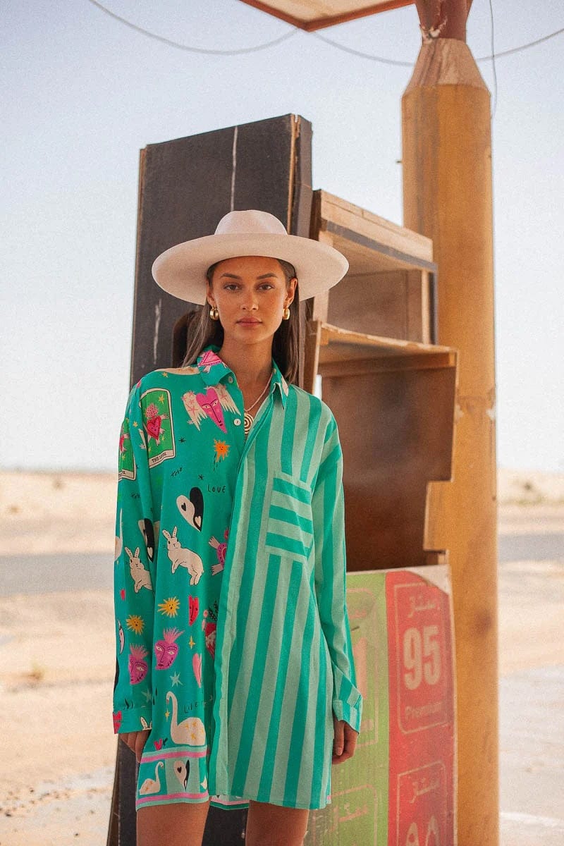 Green and Colourful Shirt Dress 