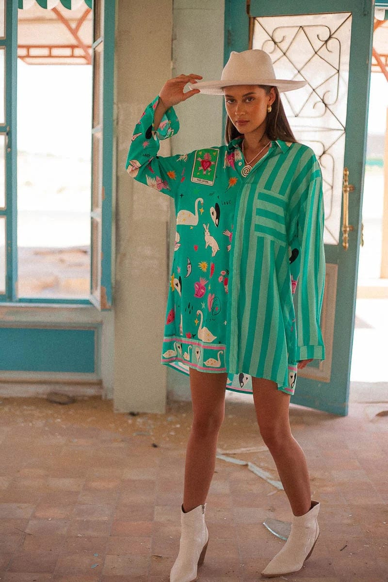 Swan Lake Long Sleeve Turquoise Shirt Dress