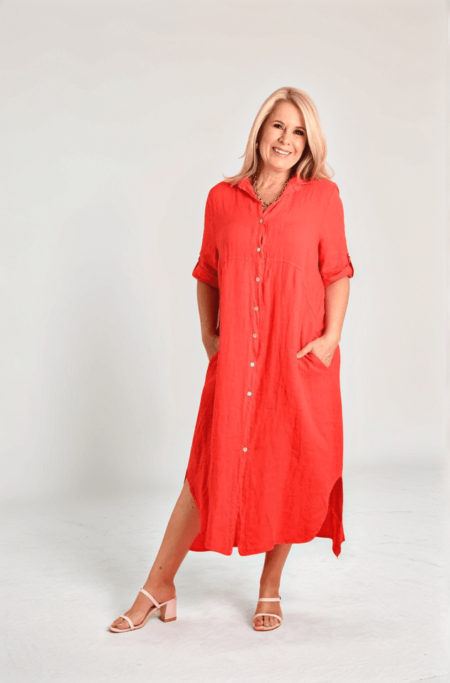 Positano Linen Button Dress - Watermelon