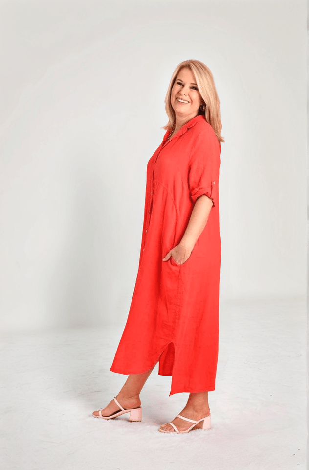 Positano Linen Button Dress - Watermelon